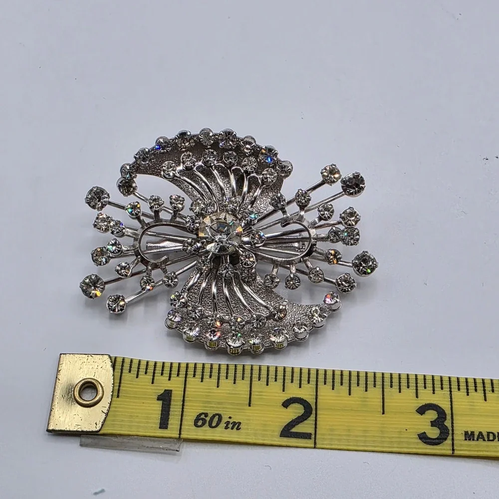 Vintage Silver Tone Clear Rhinestone Atomic Starburst Sunburst Brooch Pin
